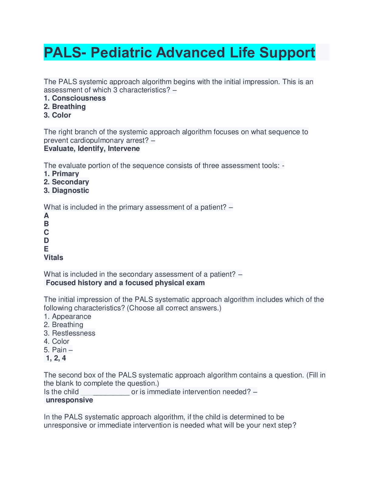 Preview image for PALS- Pediatric Advanced Life Support Questions And Answers Graded A+